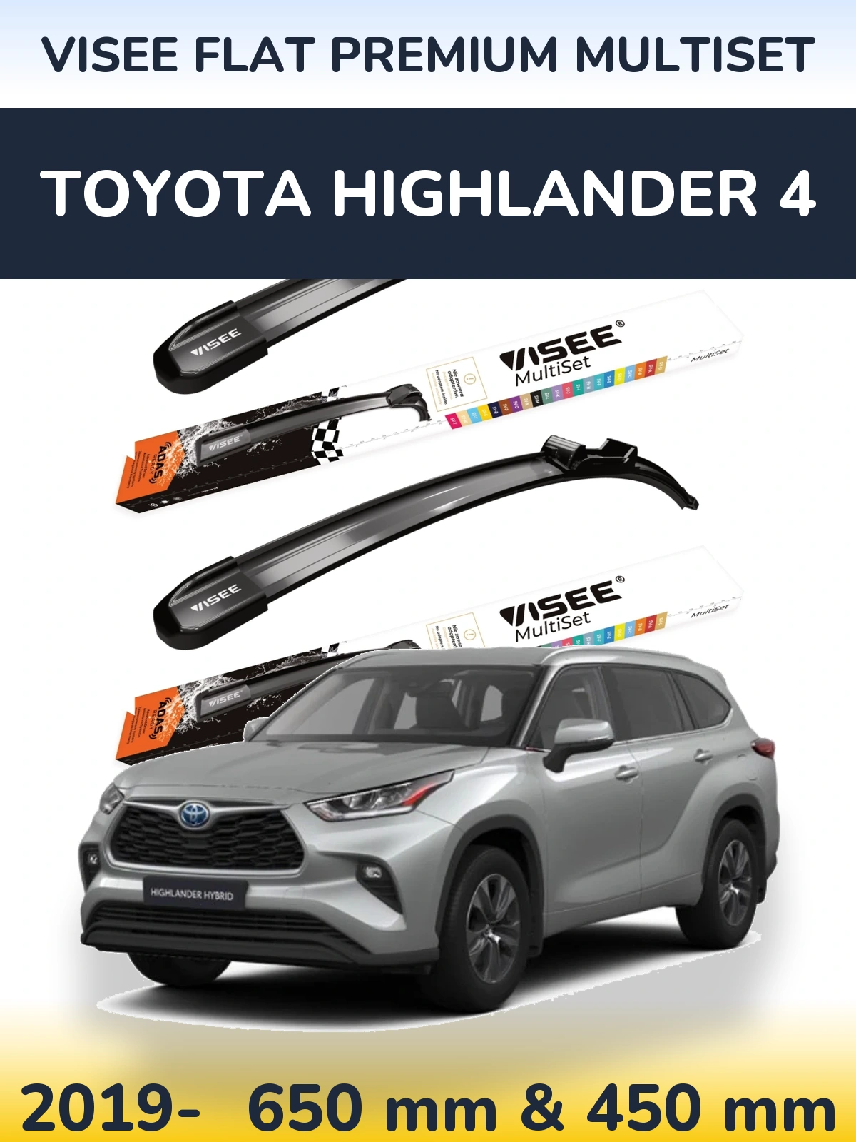 Комплект передніх щіток VISEE FLAT PREMIUM MultiSet 650 & 450 мм для Toyota Highlander 4 2019-2026
