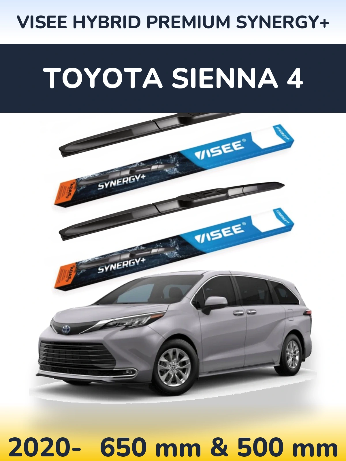 Комплект передніх щіток VISEE HYBRID PREMIUM SYNERGY+ 650 & 500 мм для Toyota Sienna 4 2020-2026