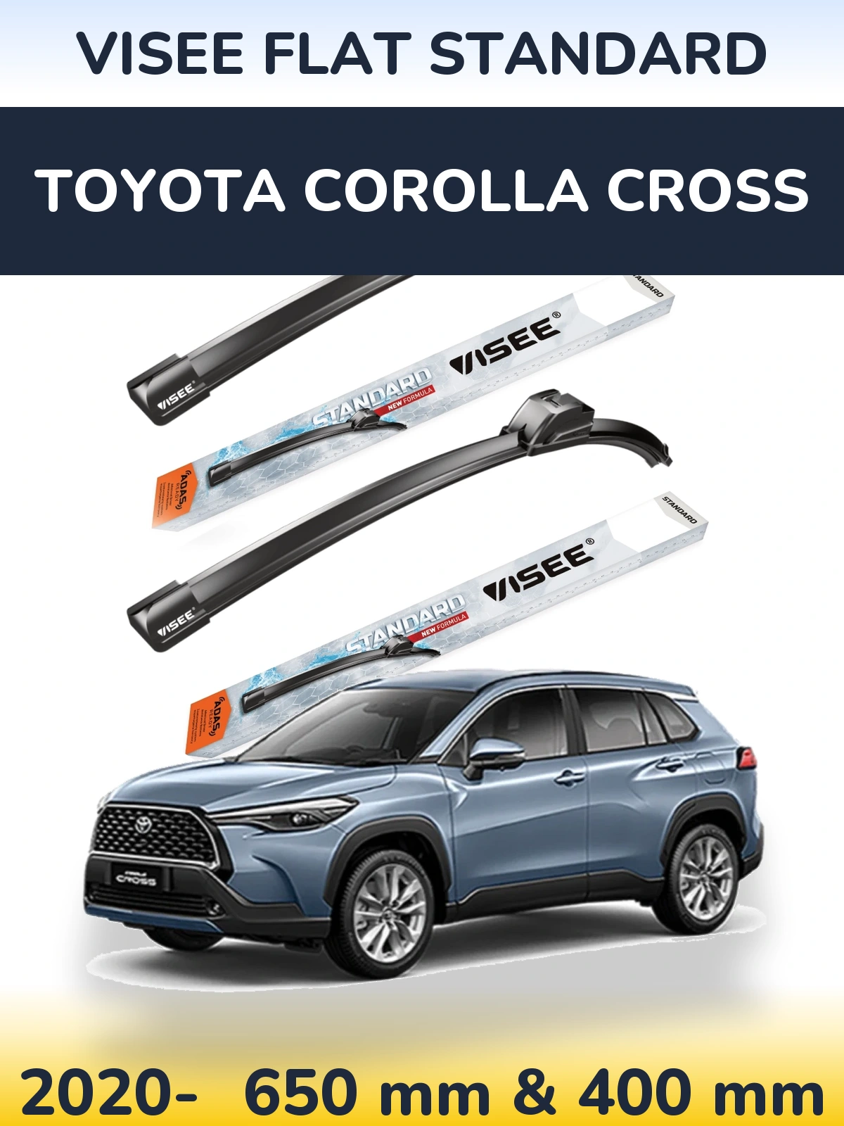 Комплект передніх щіток VISEE FLAT STANDARD 650 & 400 мм для Toyota Corolla Cross 2020-2026