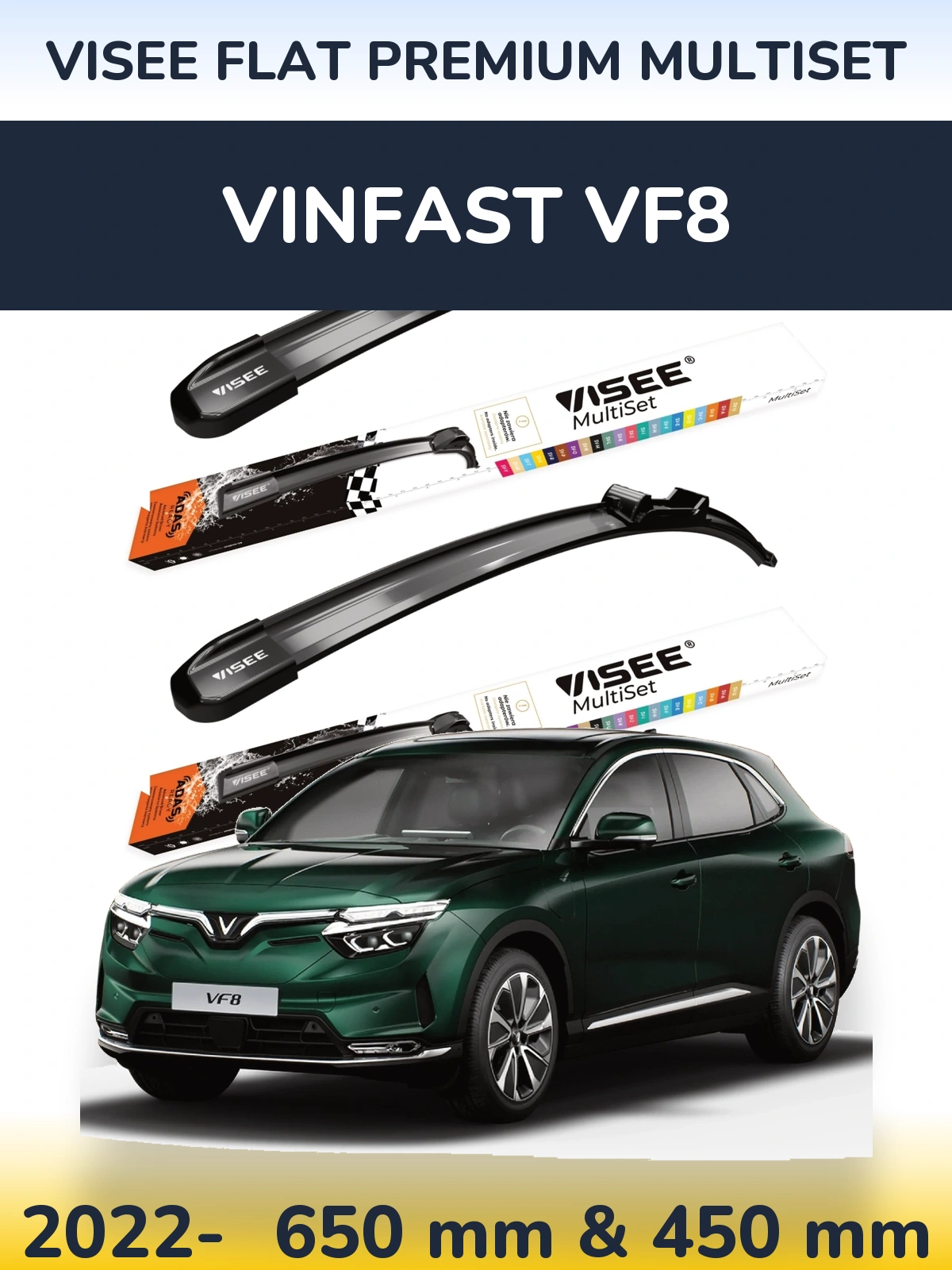 Комплект передніх щіток VISEE FLAT PREMIUM MultiSet 650 & 450 мм для Vinfast VF8 2022-2026