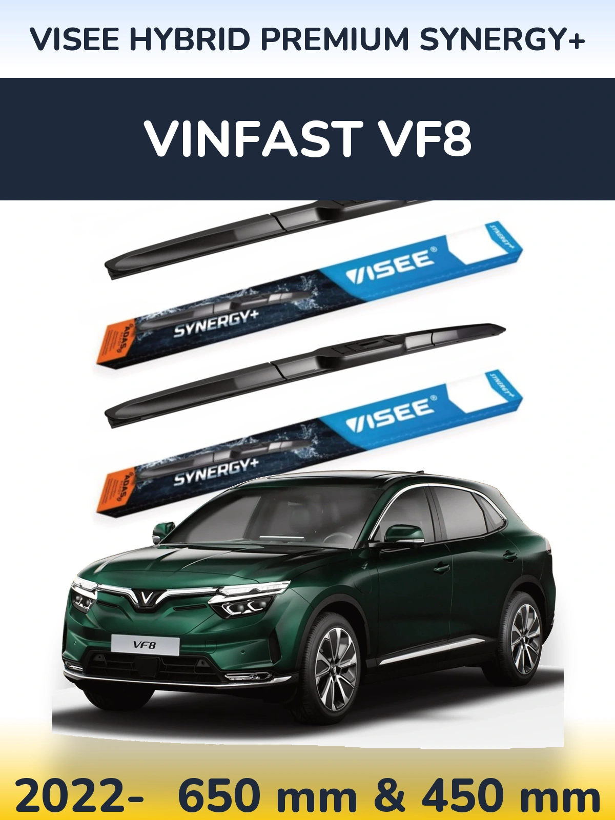 Комплект передніх щіток VISEE HYBRID PREMIUM SYNERGY+ 650 & 450 мм для Vinfast VF8 2022-2026