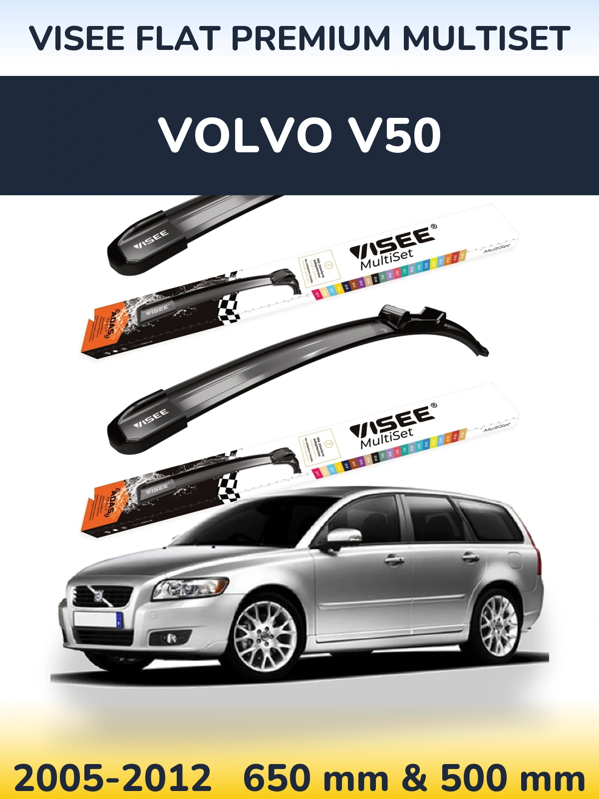 Комплект передних дворников VISEE FLAT PREMIUM MultiSet 650 & 500 мм для Volvo V50 2005-2012
