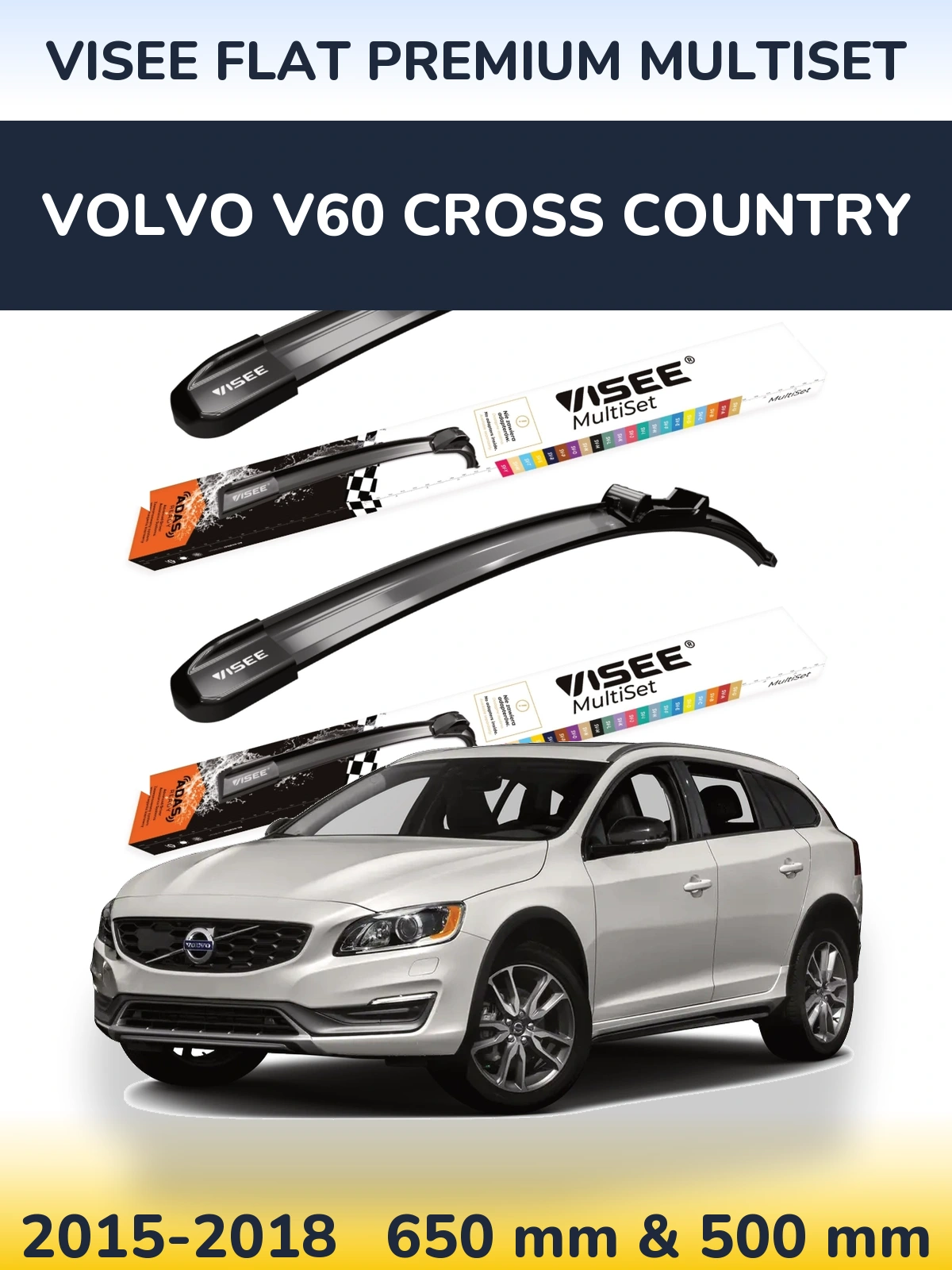 Комплект передних дворников VISEE FLAT PREMIUM MultiSet 650 & 500 мм для Volvo V60 Cross Country 2015-2018