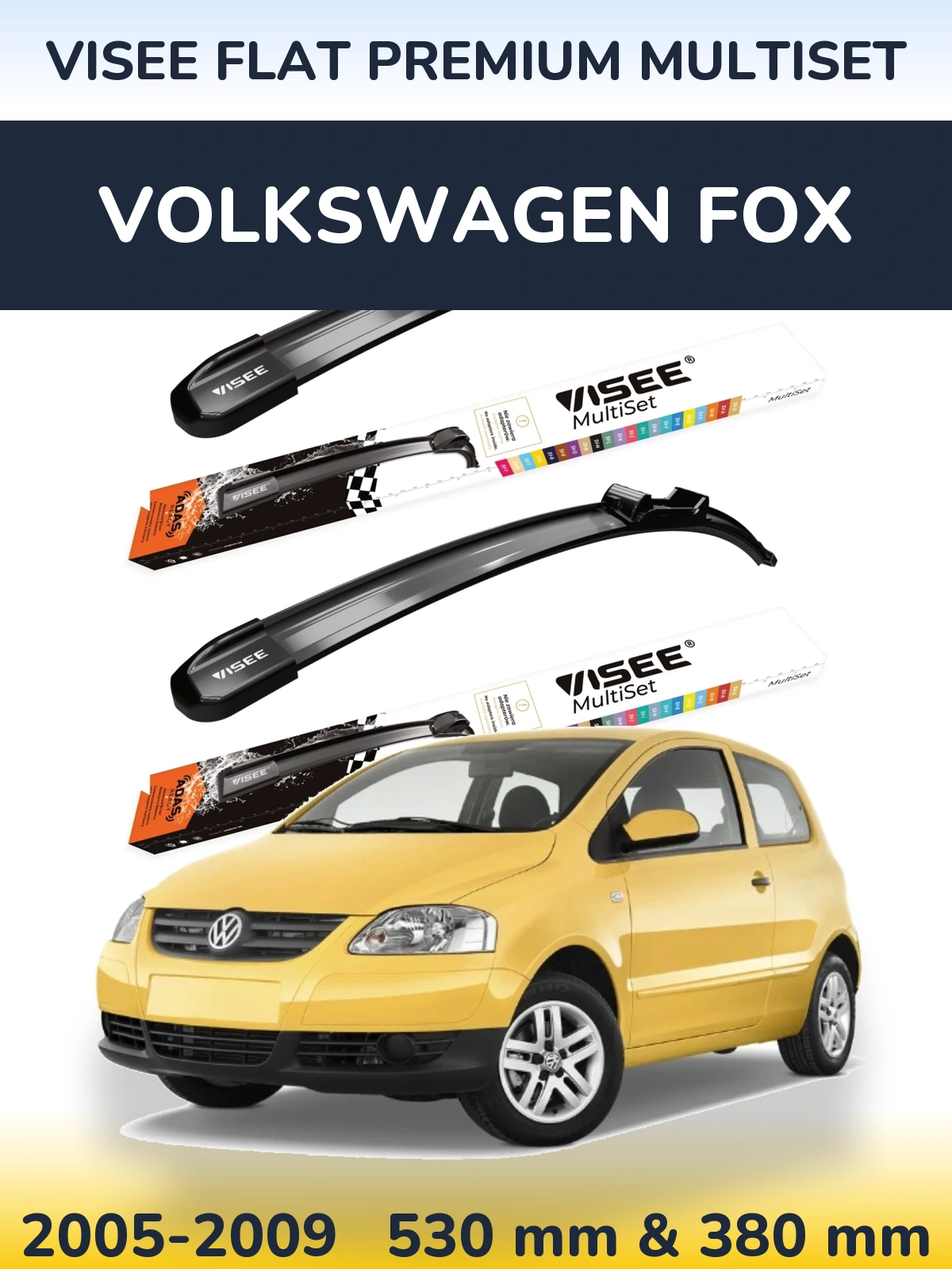 Комплект передніх щіток VISEE FLAT PREMIUM MultiSet 530 & 380 мм для Volkswagen Fox 2005-2009