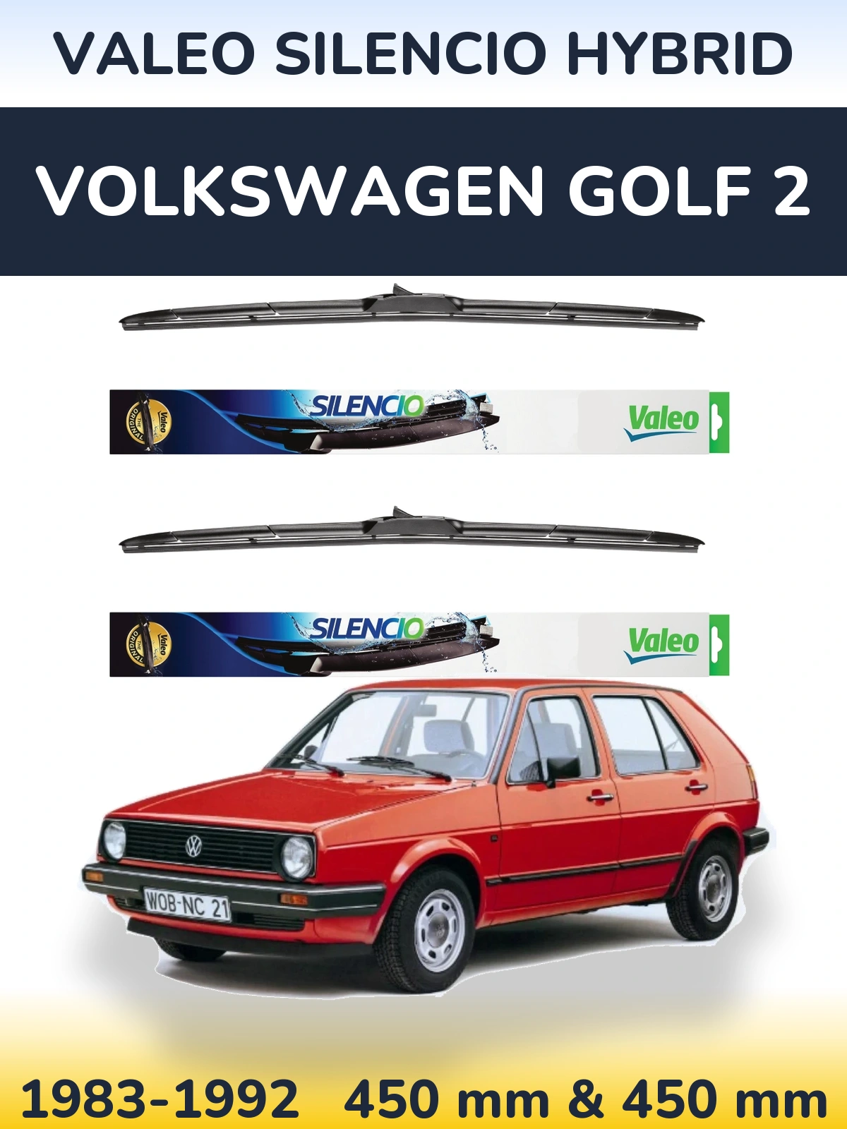 Front wiper blade set Valeo Silencio Hybrid 450 & 450 mm for Volkswagen Golf 2 1983-1992
