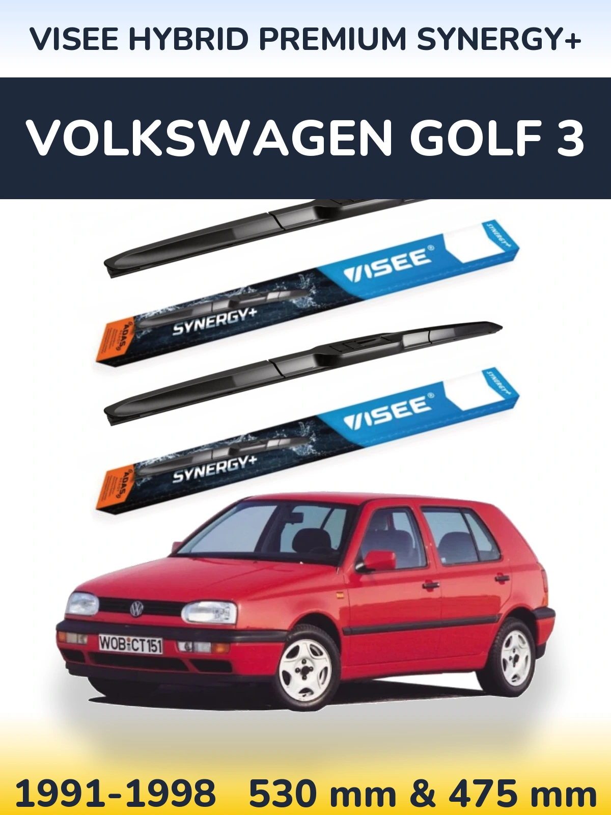 Комплект передніх щіток VISEE HYBRID PREMIUM SYNERGY+ 530 & 475 мм для Volkswagen Golf 3 1991-1998