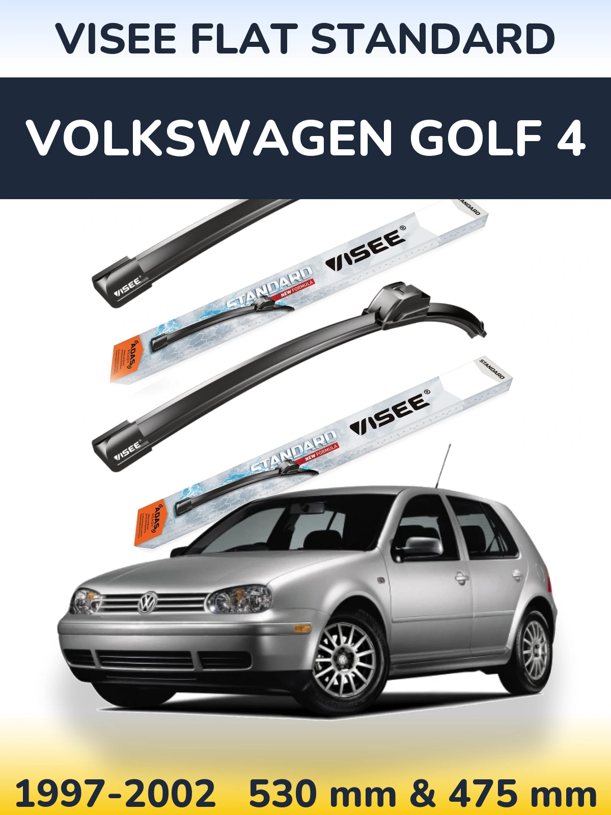 Комплект передніх щіток VISEE FLAT STANDARD 530 & 475 мм для Volkswagen Golf 4 1997-2002