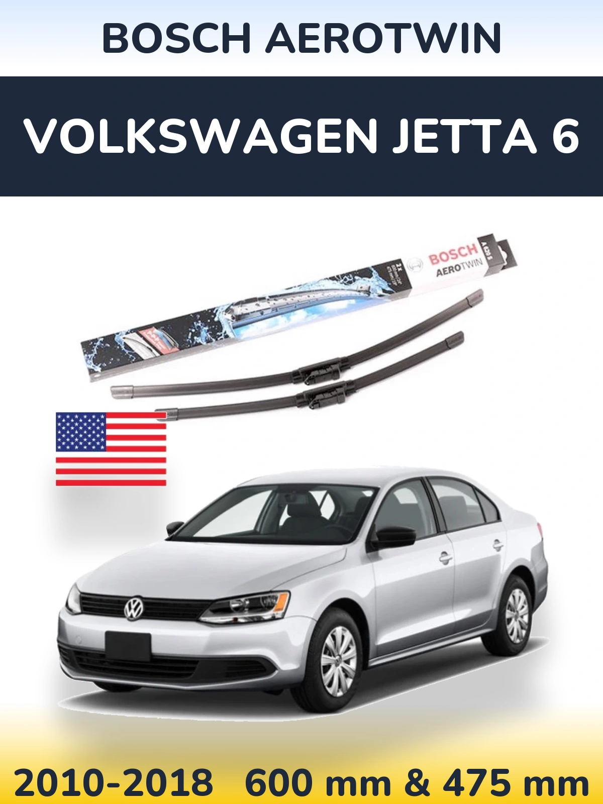 Комплект передних дворников BOSCH AeroTwin 600 & 475 мм для Volkswagen Jetta 6 2010-2018
