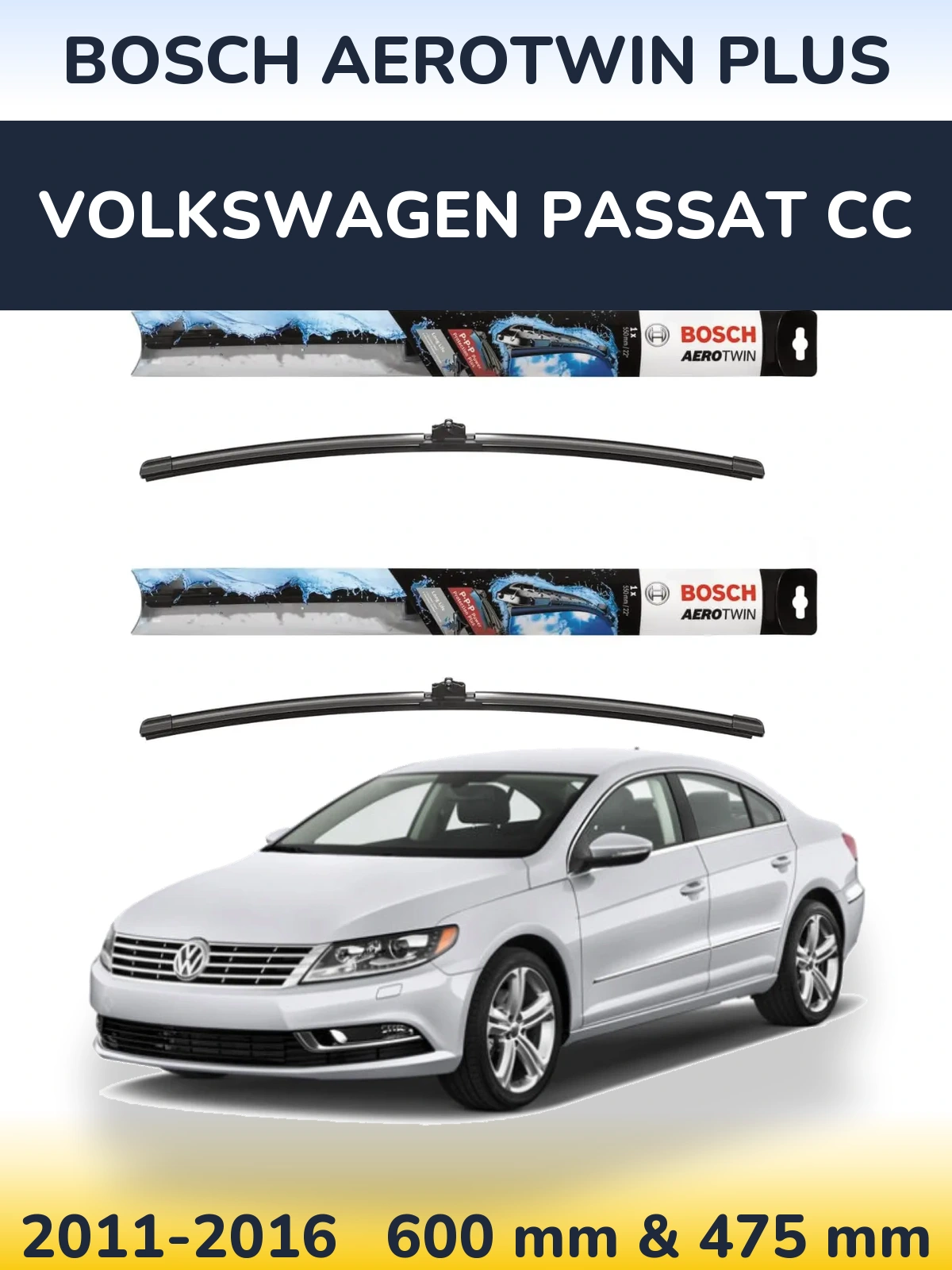 Комплект передних дворников BOSCH AeroTwin Plus 600 & 475 мм для Volkswagen Passat CC 2011-2016