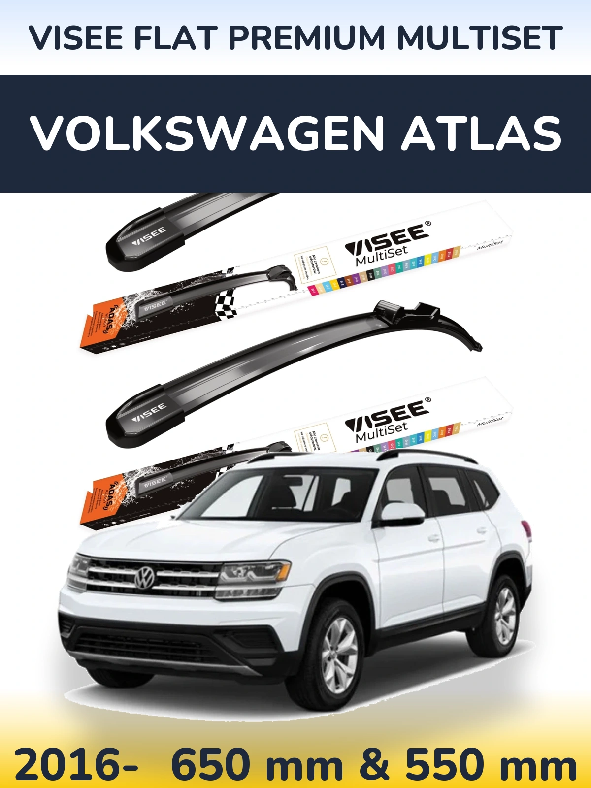 Комплект передних дворников VISEE FLAT PREMIUM MultiSet 650 & 550 мм для Volkswagen Atlas 2016-2026