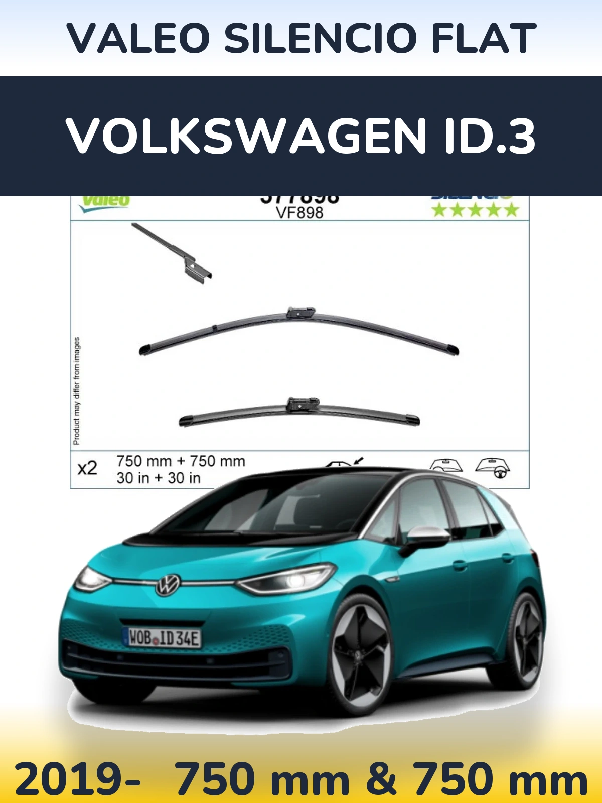 Комплект передних дворников Valeo Silencio Flat 750 & 750 мм для Volkswagen ID.3 2019-2026