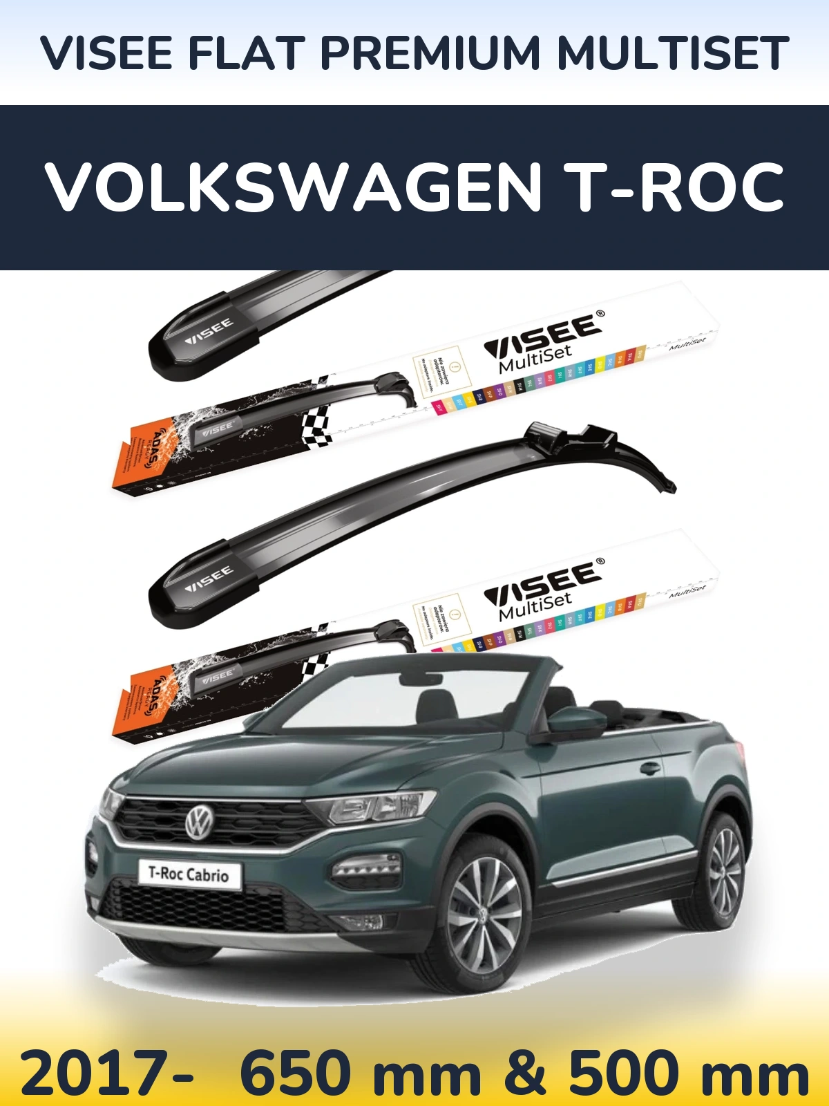 Комплект передніх щіток VISEE FLAT PREMIUM MultiSet 650 & 500 мм для Volkswagen T-Roc 2017-2026