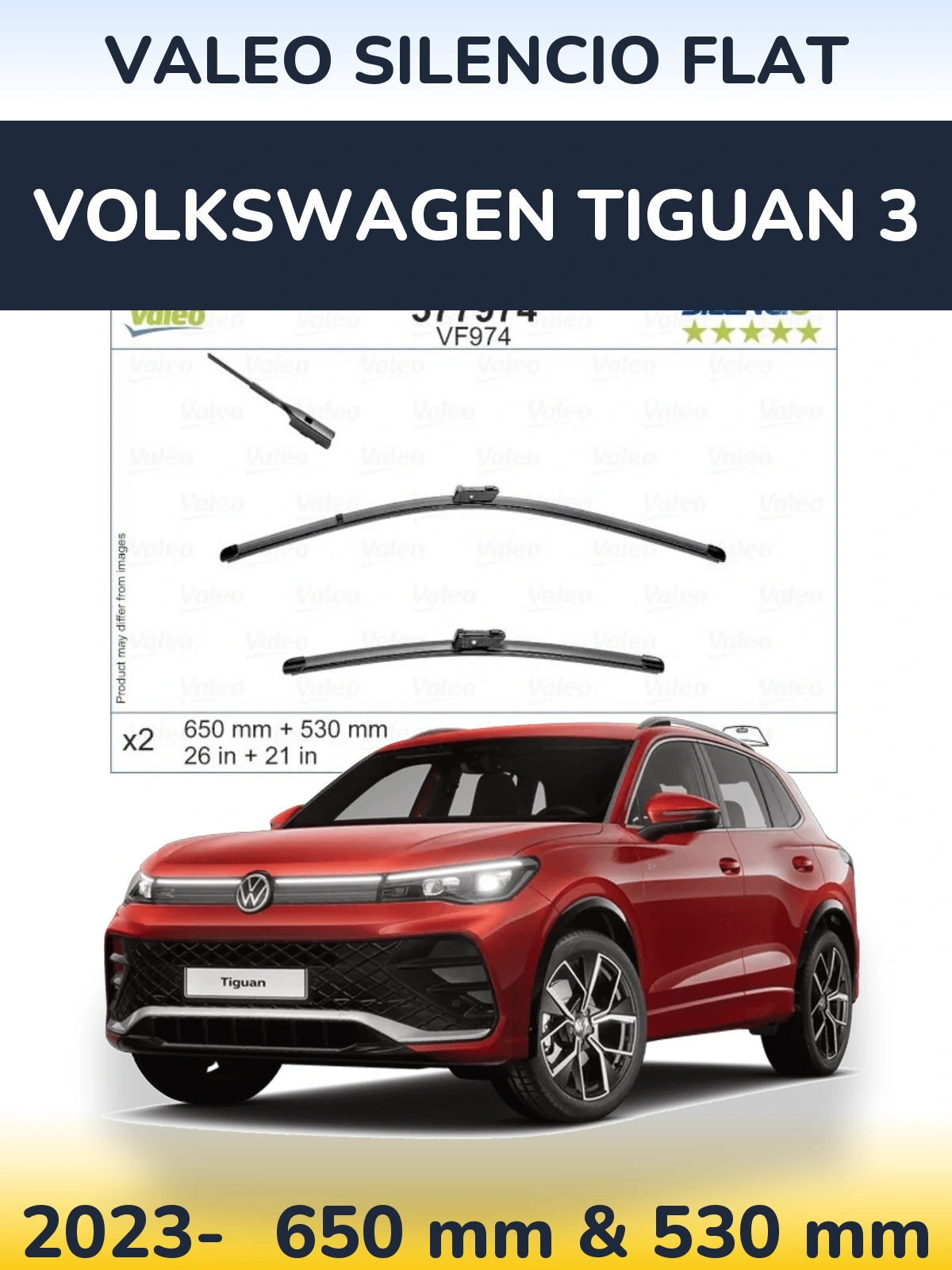 Комплект передніх щіток Valeo Silencio Flat 650 & 530 мм для Volkswagen Tiguan 3 2023-2026