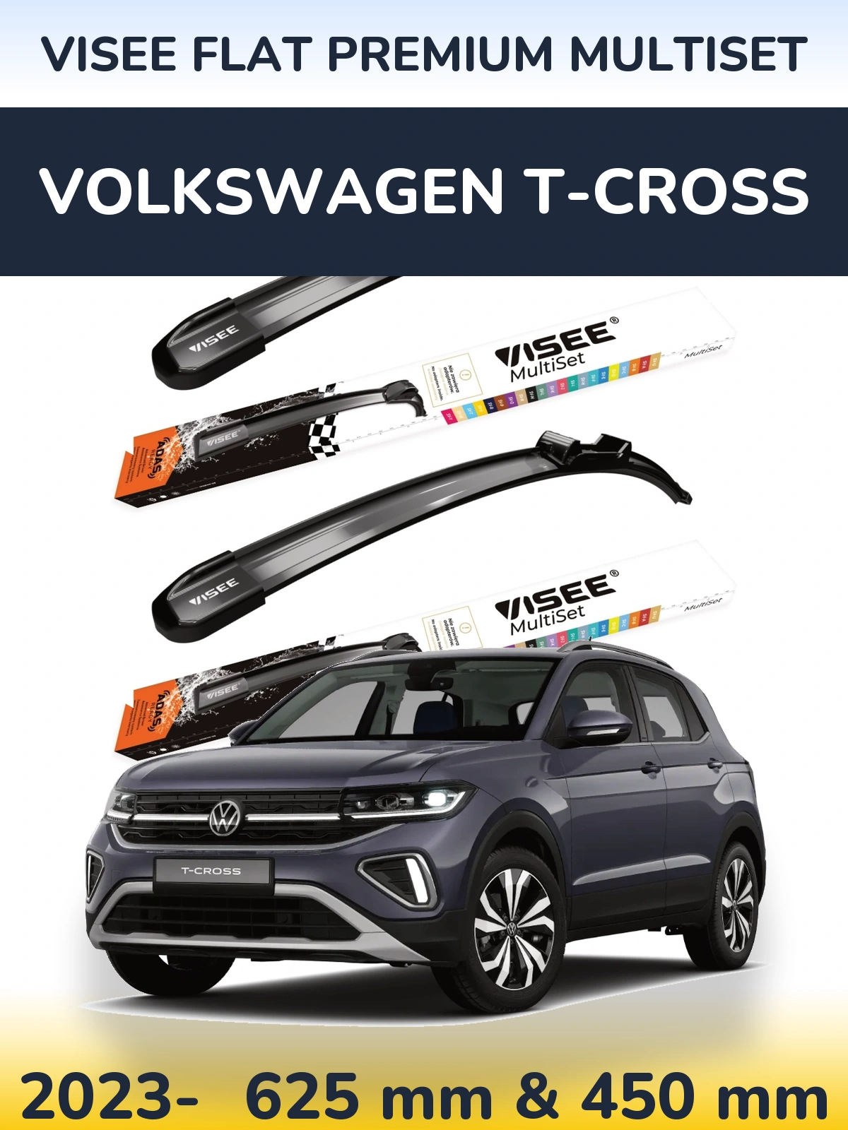Front wiper blade set VISEE FLAT PREMIUM MultiSet 630 & 450 mm for Volkswagen T-Cross 2023-2026