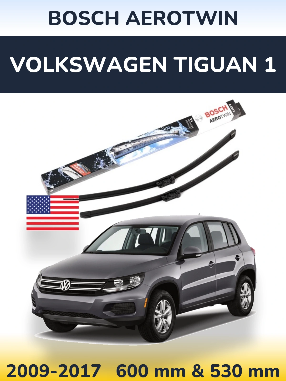 Комплект передніх щіток BOSCH AeroTwin 600 & 530 мм для Volkswagen Tiguan 1 2009-2017
