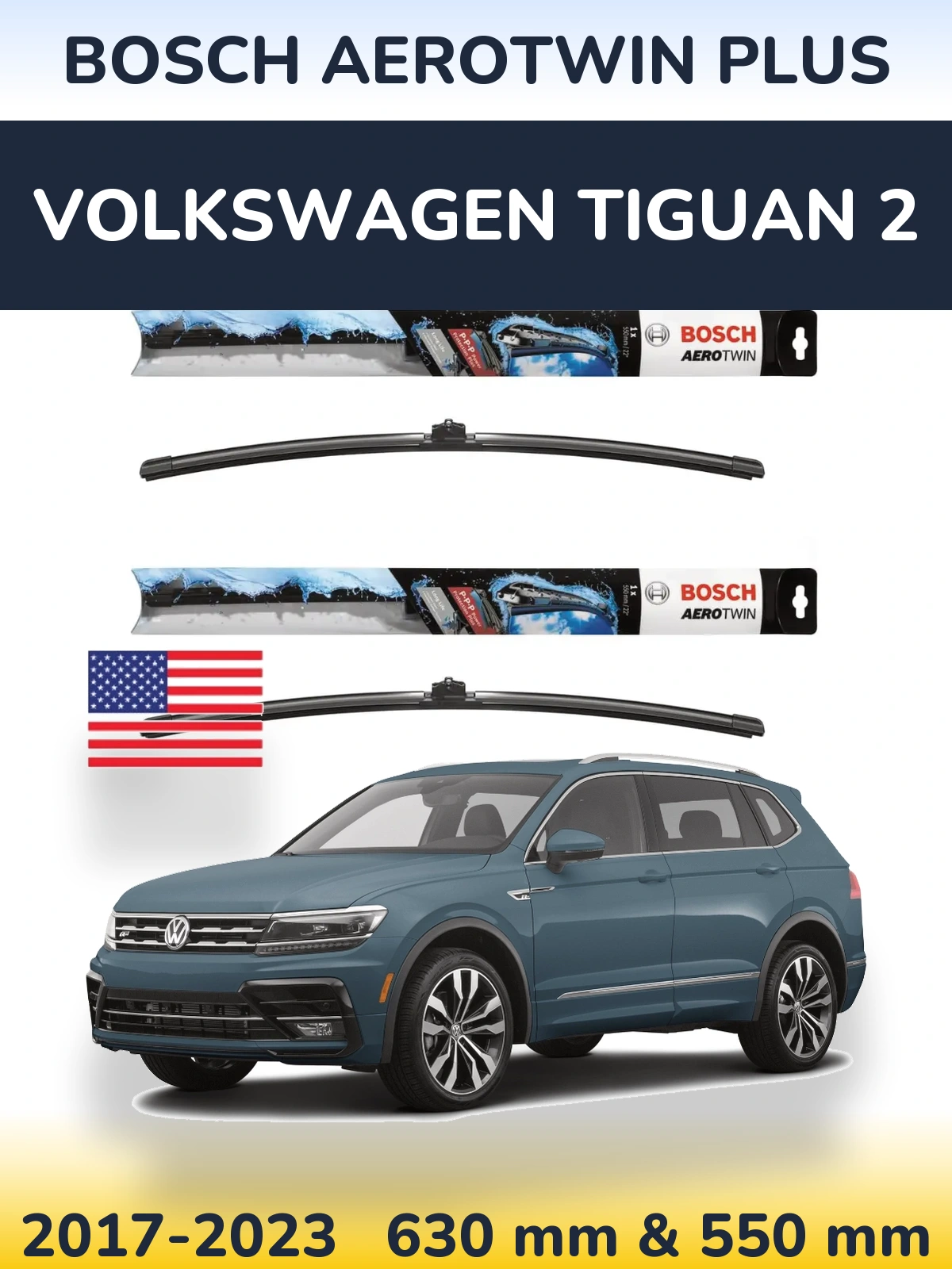Комплект передних дворников BOSCH AeroTwin Plus 600 & 550 мм для Volkswagen Tiguan 2 2017-2023