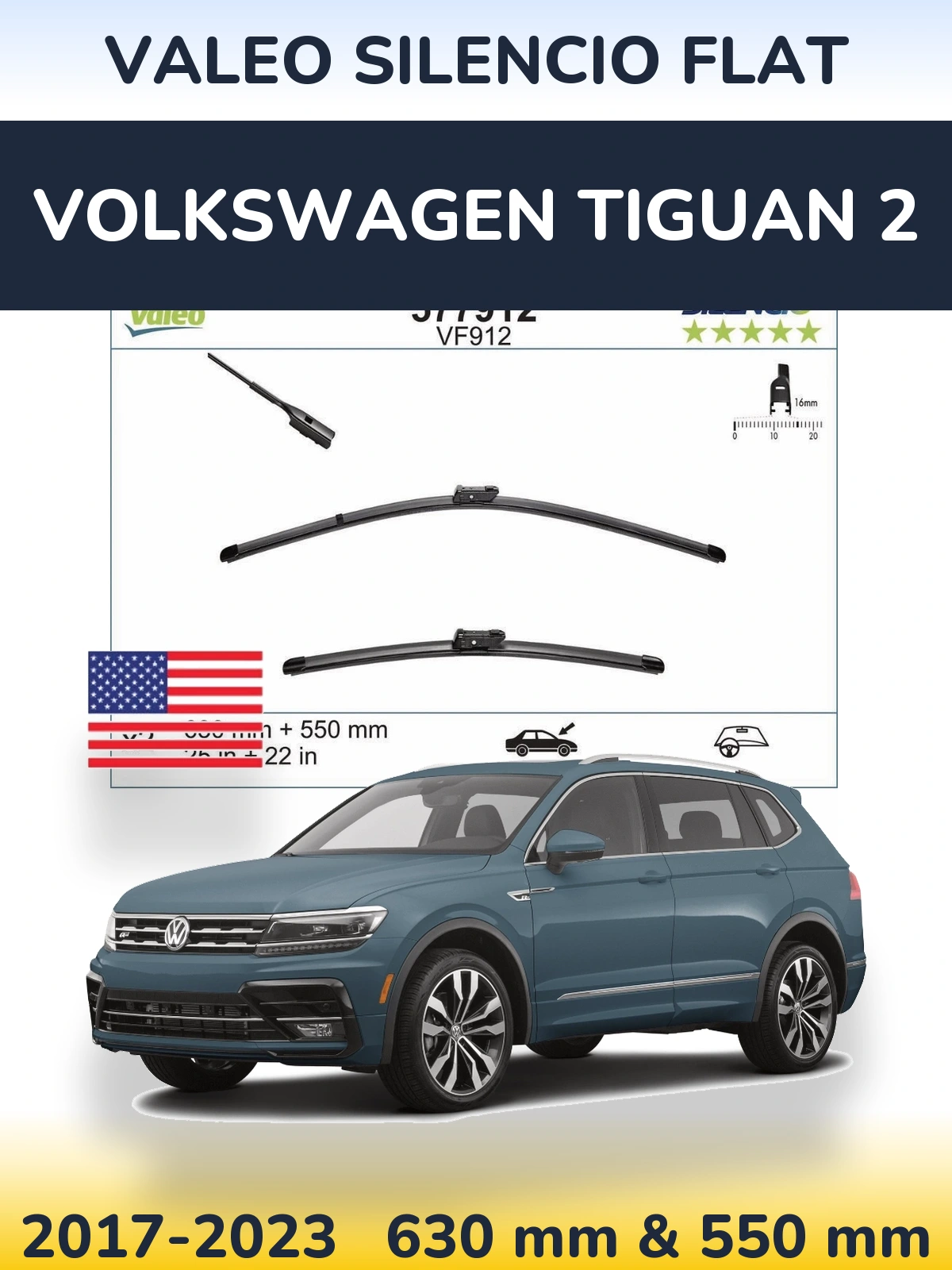 Front wiper blade set Valeo Silencio Flat 630 & 550 mm for Volkswagen Tiguan 2 2017-2023