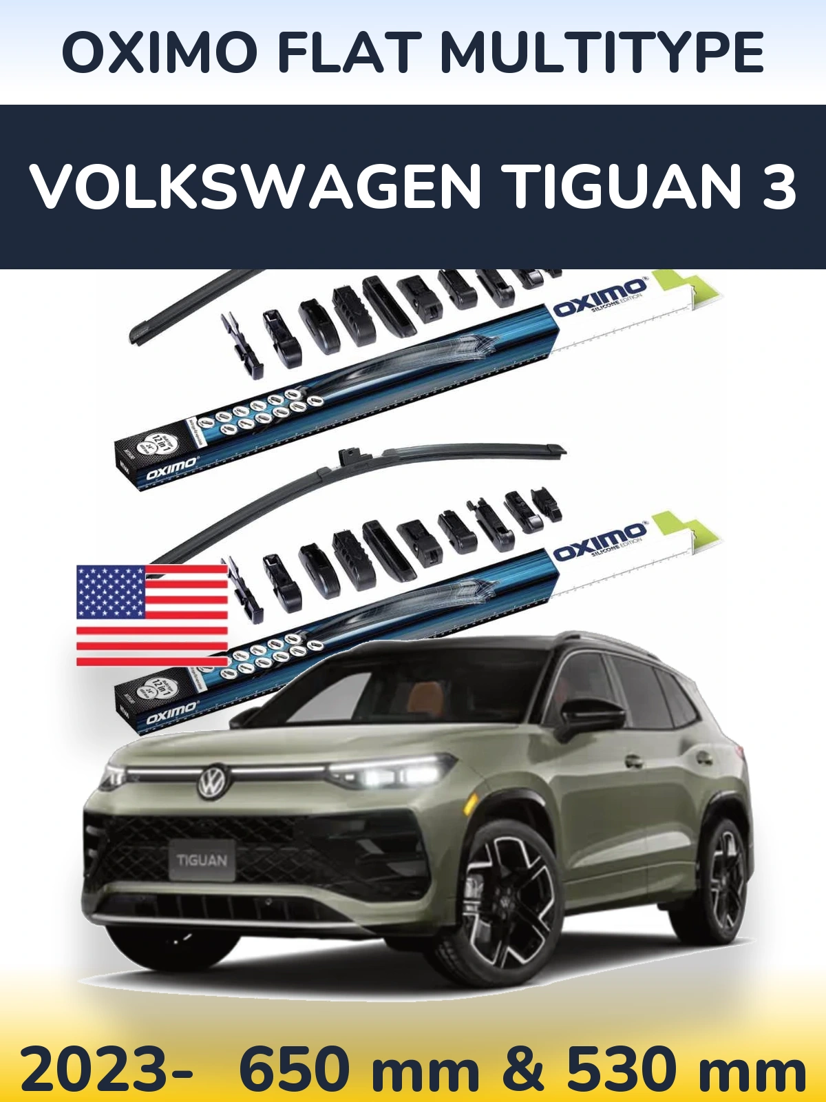 Комплект передніх щіток Oximo Flat MultiТипe 650 & 530 мм для Volkswagen Tiguan 3 2023-2026