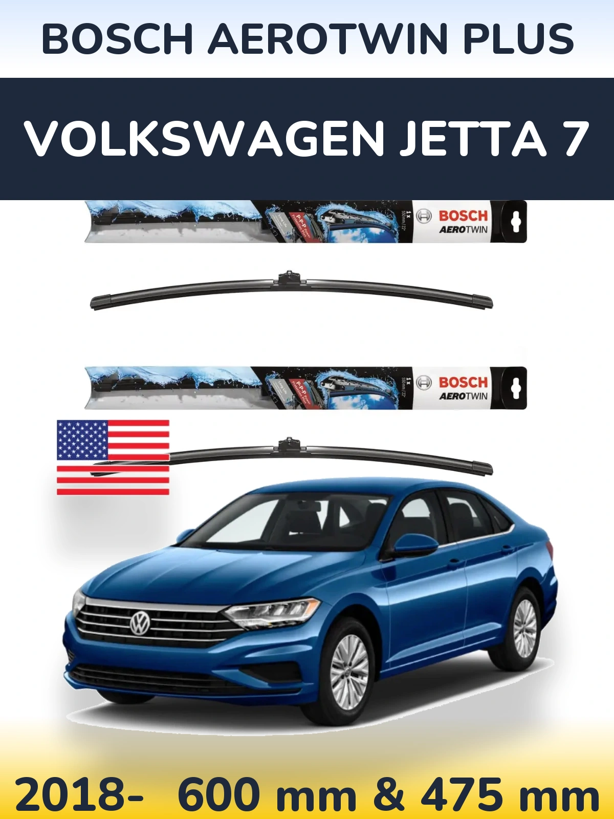 Комплект передних дворников BOSCH AeroTwin Plus 600 & 475 мм для Volkswagen Jetta 7 2018-2026