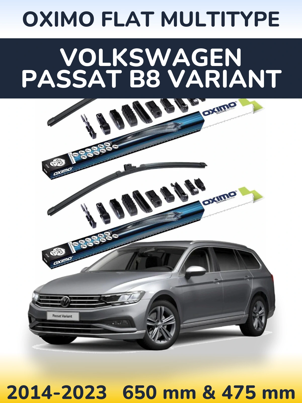Комплект передних дворников Oximo Flat MultiТипe 650 & 475 мм для Volkswagen Passat B8 Variant 2014-2023