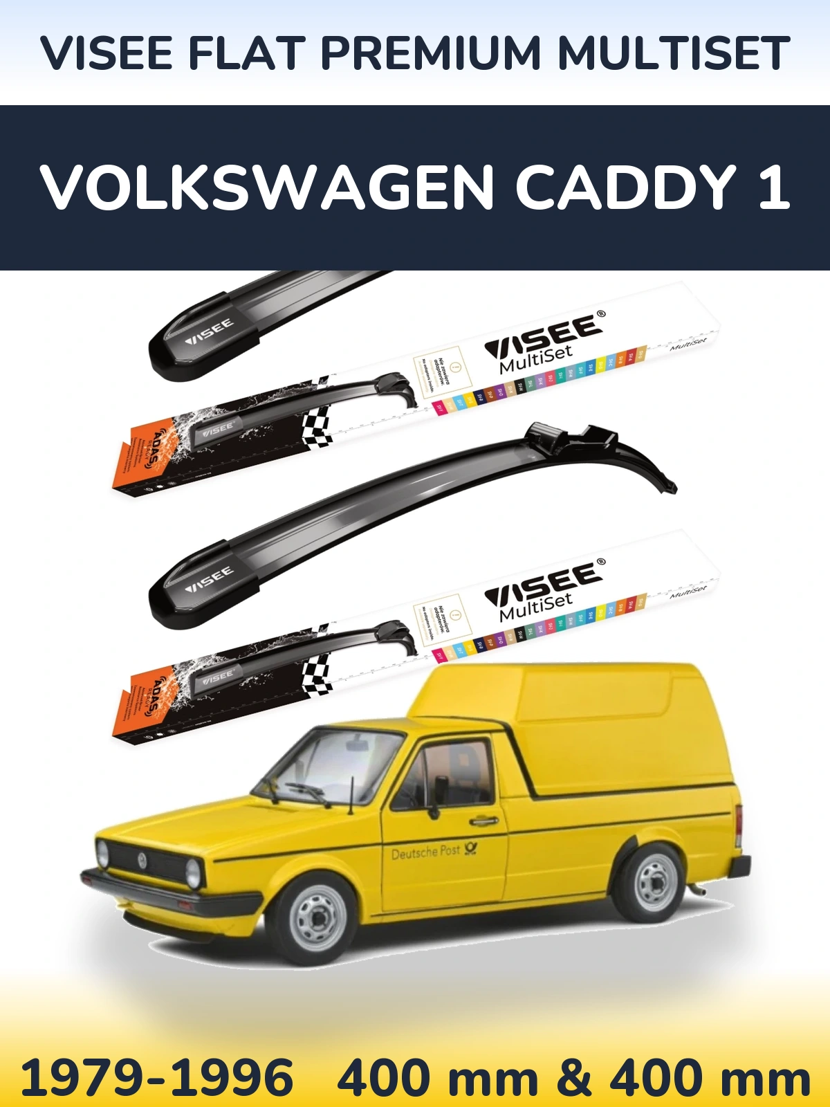 Front wiper blade set VISEE FLAT PREMIUM MultiSet 400 & 400 mm for Volkswagen Caddy 1 1979-1996